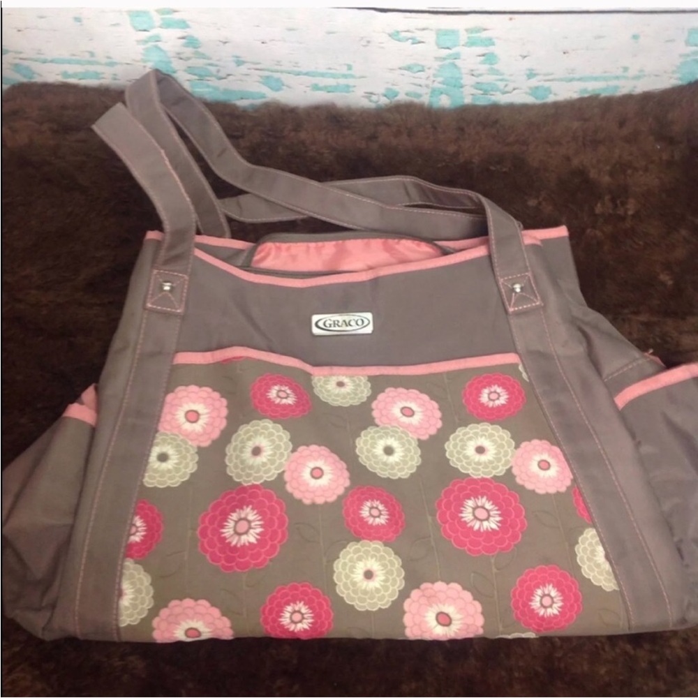 Graco Nylon Diaper Bag Baby Gear Tote Taupe Brown Floral Pink Red Flower Pockets